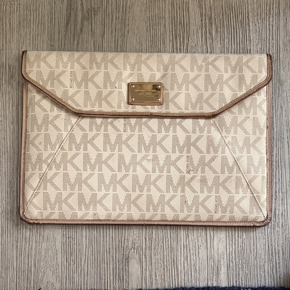 Michael Kors Cream and Brown Monogram Envelope Clutch